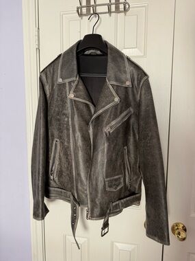Unisex Distressed Gray Leather Moto Jacket